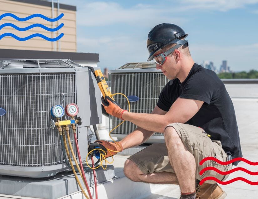 Commercial HVAC technician working on a rooftop air conditioner